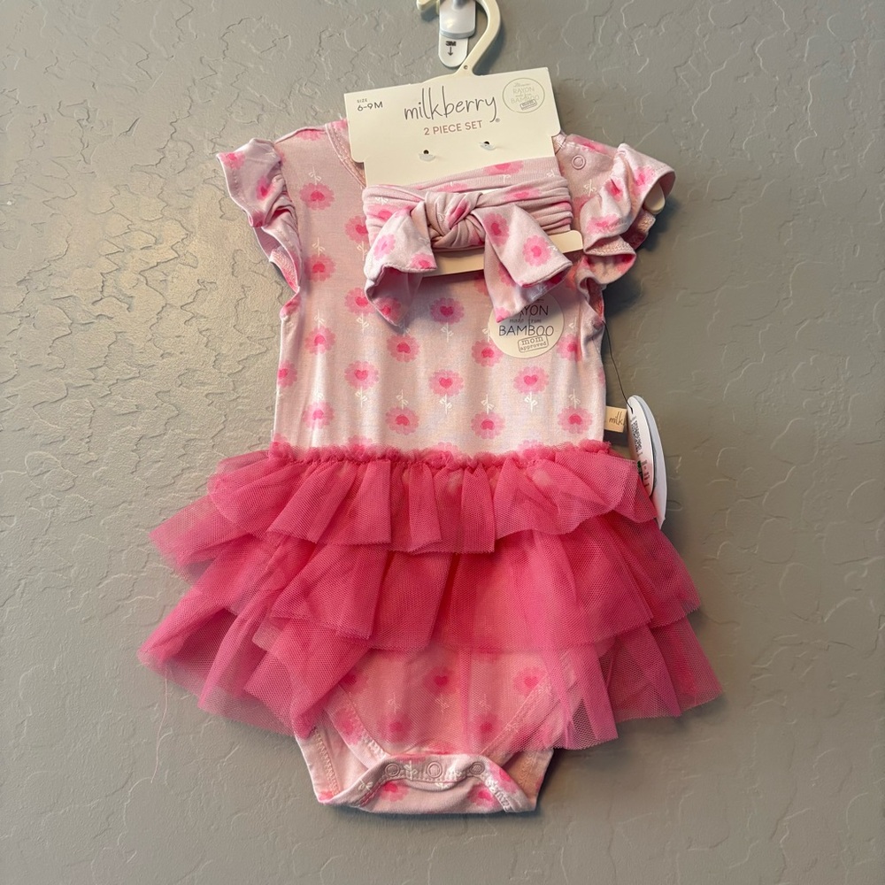 Milkberry baby girls pink heart floral tutu skirted bodysuit and bow 6-9 mon NEW